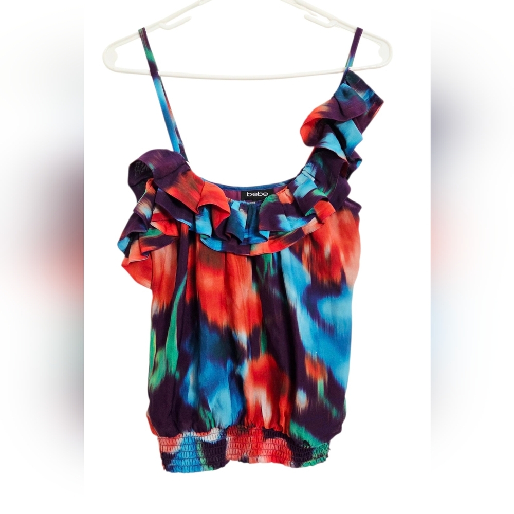 VTG Y2K Bebe Silk Ruffle Camisole Blouse Multicolor Sleeveless Top S Resort Glam